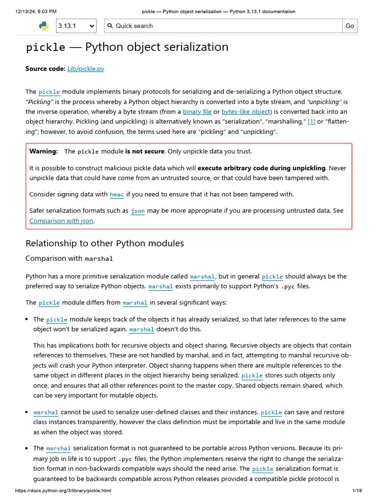 Pickle - Python Object Serialization - Python 3.13.1 Documentation ...