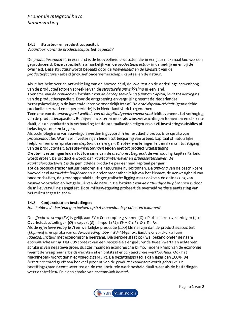 Economie Integraal Havo Samenvatting Hoofdstuk 14, 2de | PDF