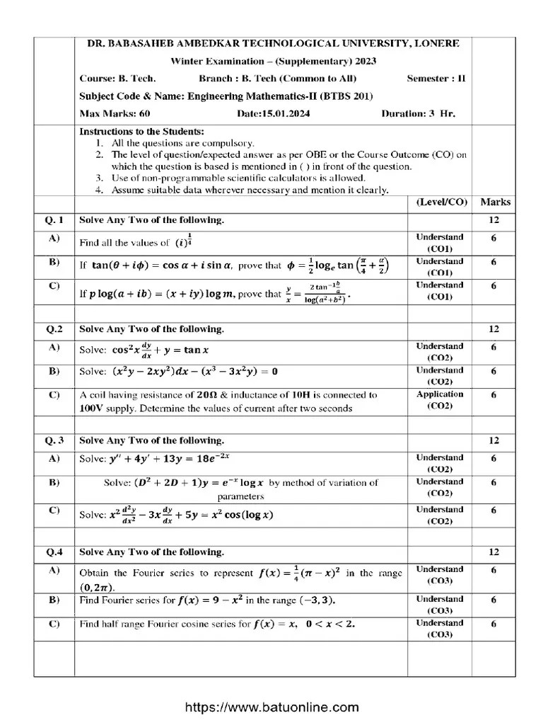 Btech 1 Year Engineering Mathematics 2 Btbs 201 Jan 2024 | PDF