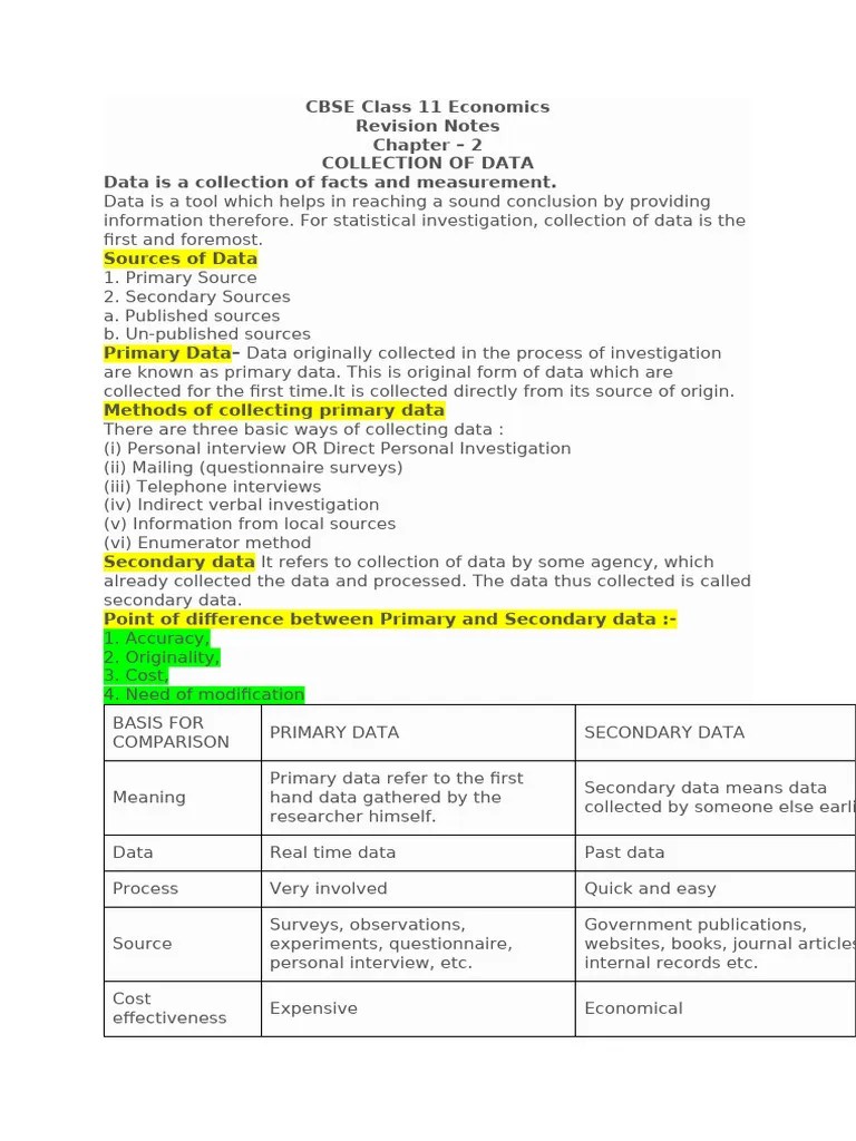 CBSE Class 11 Economics Chapter 1 Collection Of Data | PDF | Sampling ...