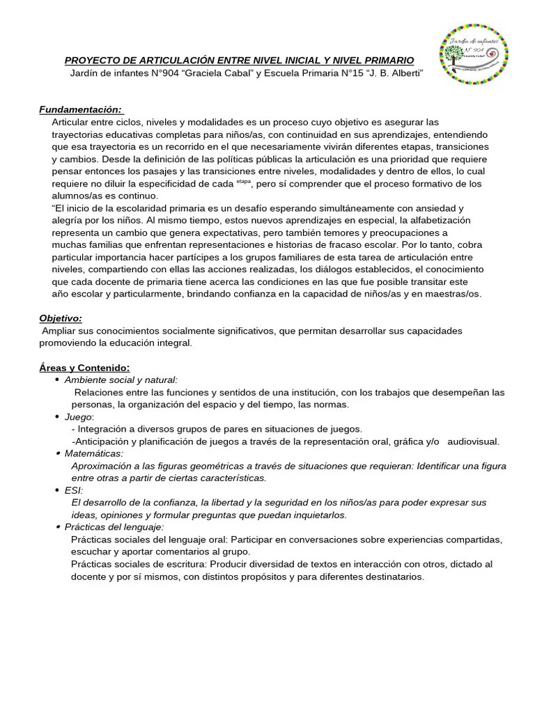 PROYECTO DE ARTICULACIÓN ENTRE NIVEL INICIAL Y NIVEL PRIMARIO 2024 ...