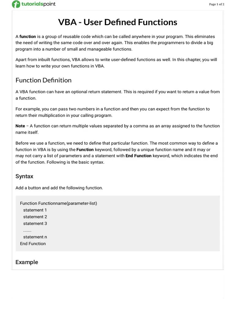 VBA User-Defined Functions Guide | PDF