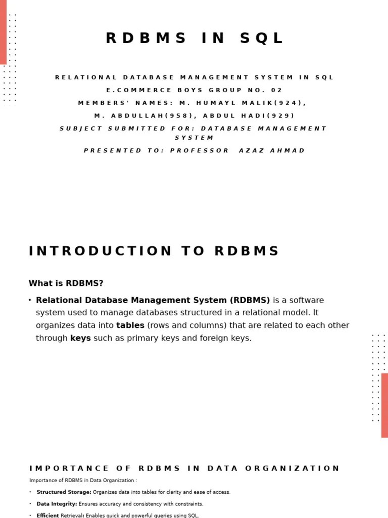 RDBMS In SQL Presentation | PDF | Relational Database | Databases