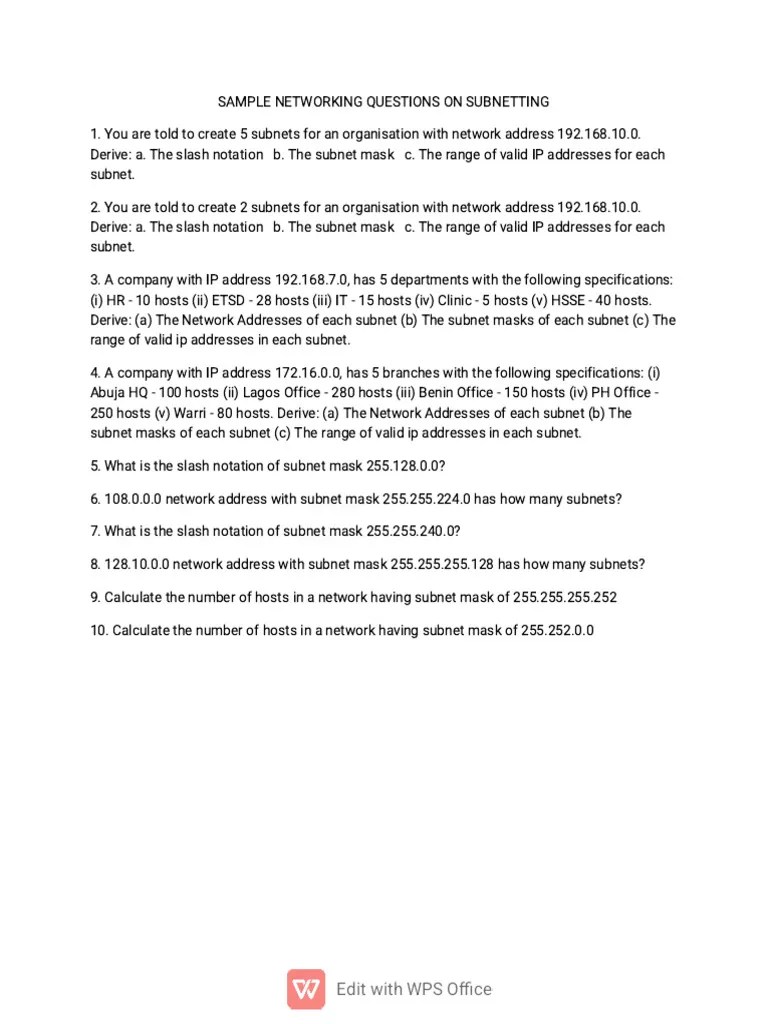 Practice Questions On Subnetting | PDF