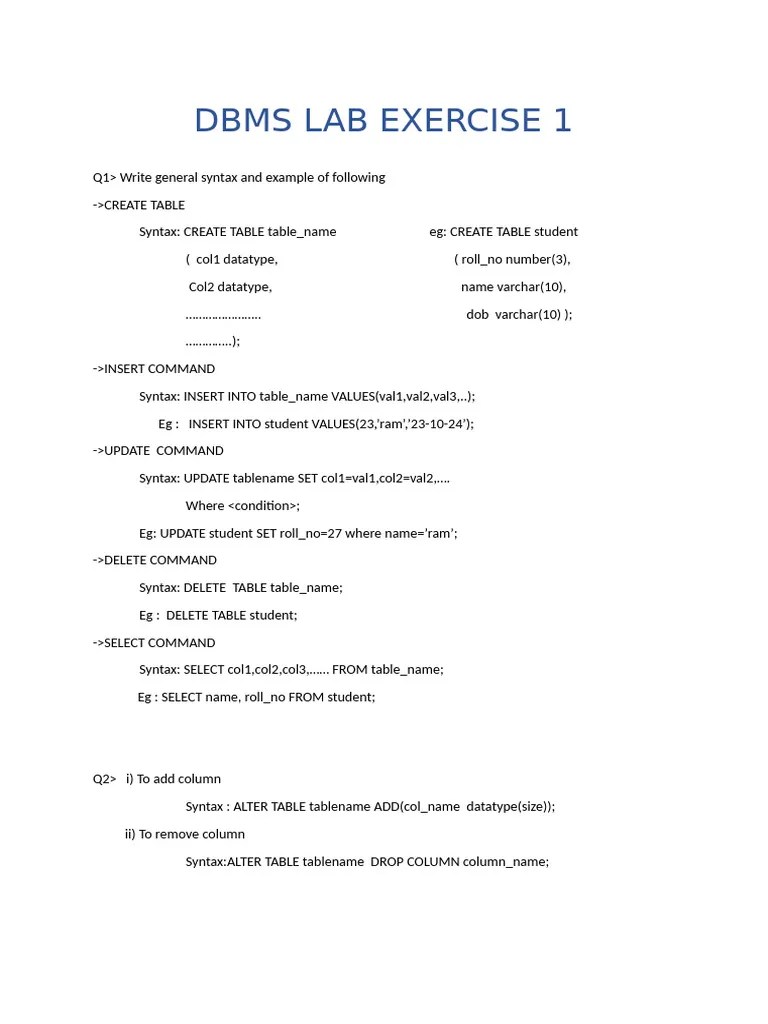 DBMS LAB EXERCISE 1 | PDF