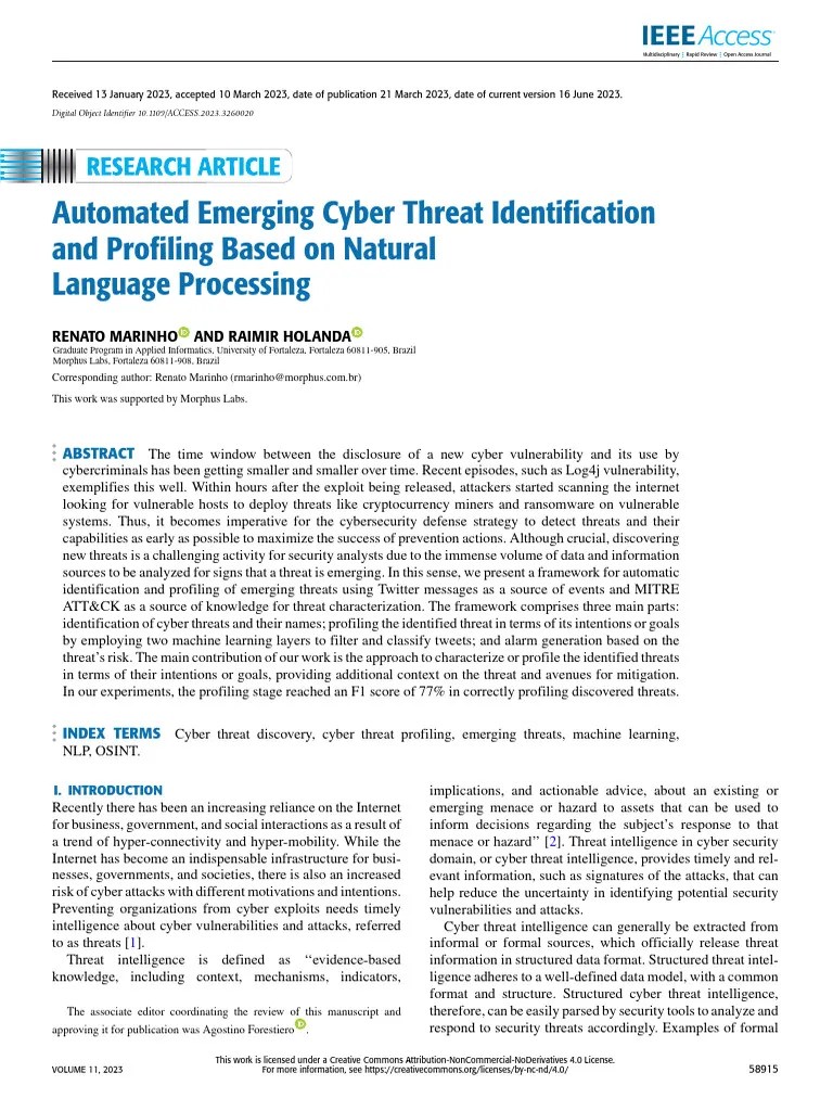 Automated Emerging Cyber Threat Identification And Profiling Based On ...