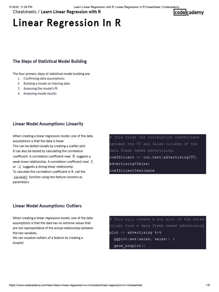 Learn Linear Regression With R - Linear Regression In R Cheatsheet ...