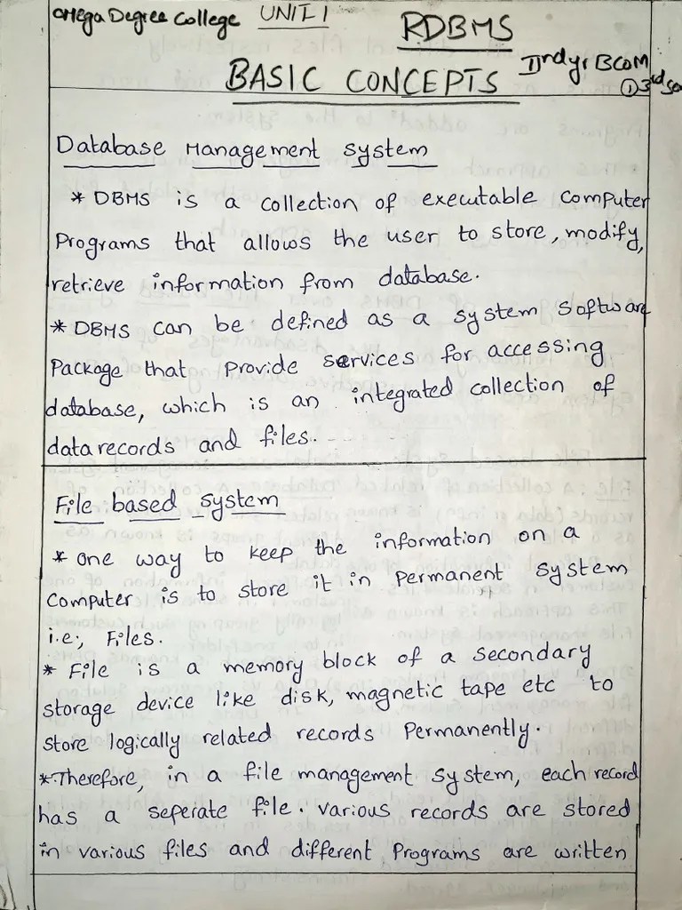 RDBMS Unit 1 Part 1 Basic Concepts Notes-1 | PDF