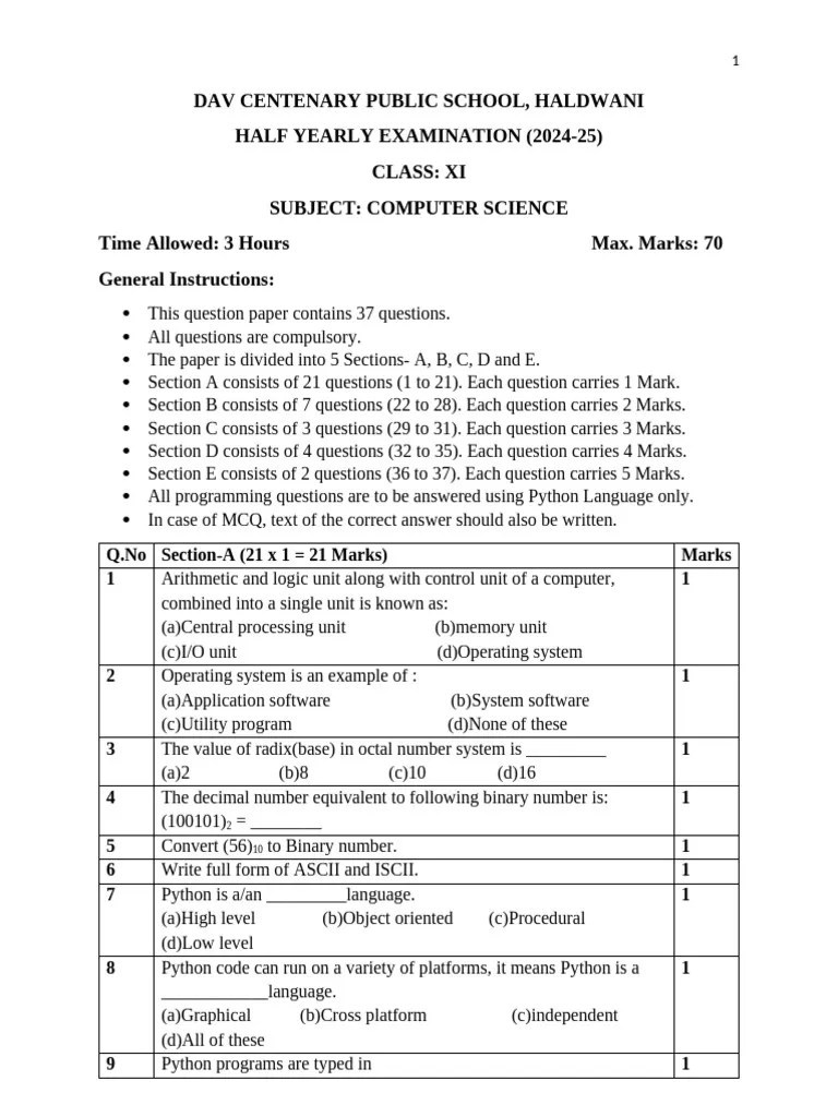 Computer Science Class Xi Question Paper Hy Exam 2024-25 | PDF ...
