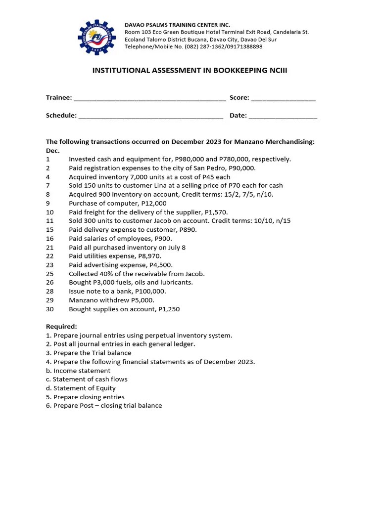 BOOKKEEPING NC III INSTITUTIONAL ASSESSMENT | PDF | Debits And Credits | Corporations