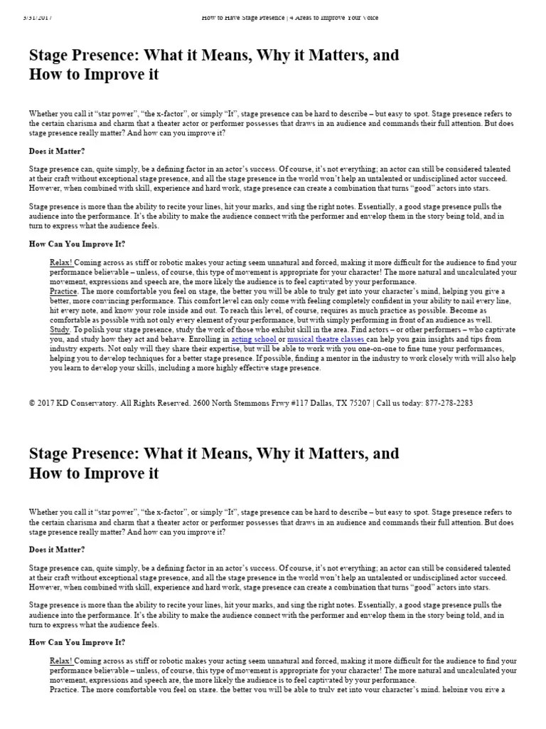 Stage-Presence_-What-it-Means-Why-it-Matters-and-How-to-Improve-it-qvl32x | PDF | Actor