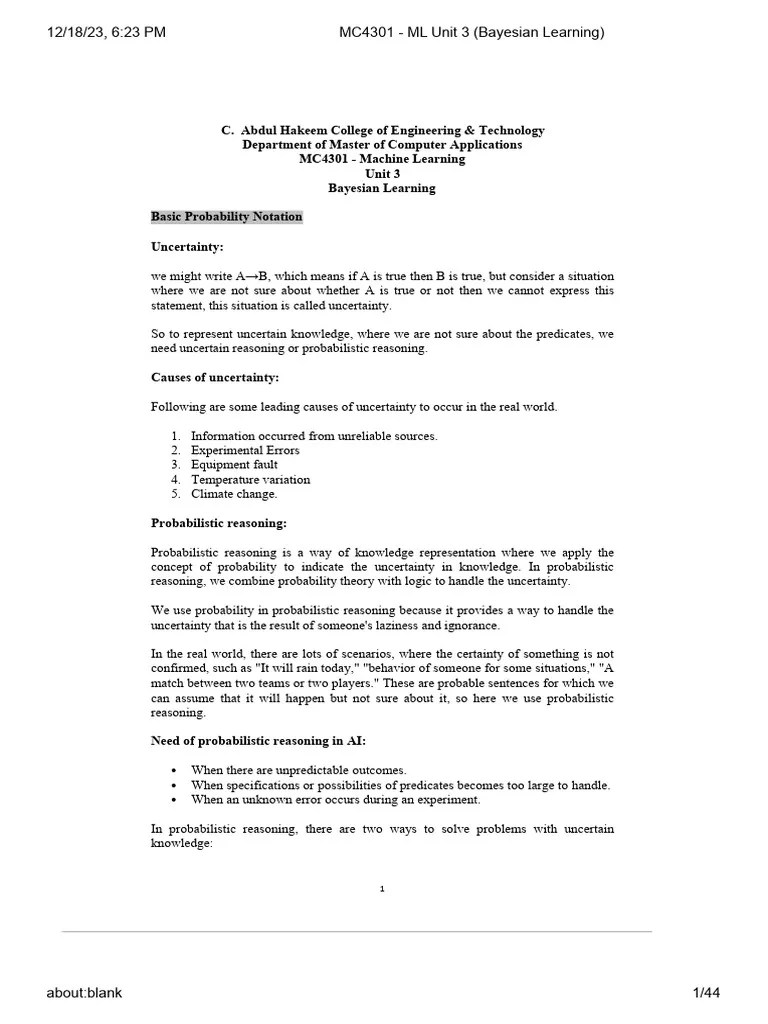 MC4301 - ML Unit 3 (Bayesian Learning) | PDF | Bayesian Network ...