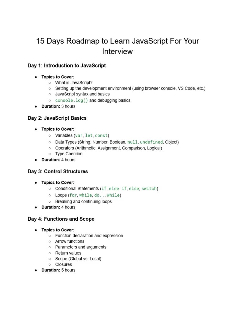 Copy Of 15 Days Roadmap To Learn JavaScript For Your Interview | PDF ...