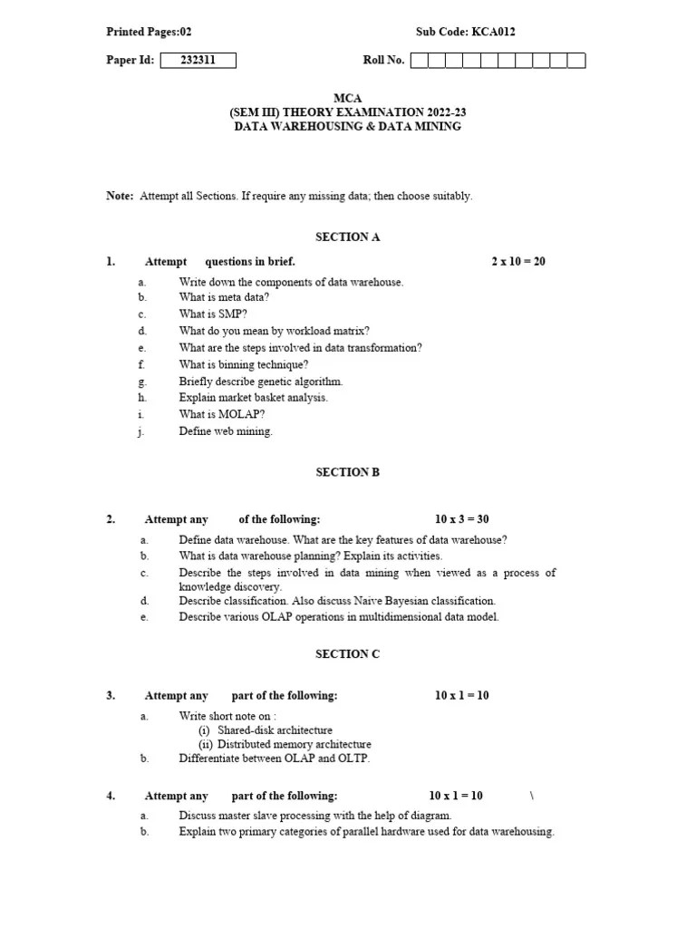 Mca-3-sem-data-warehousing-data-mining-kca012-2023 | PDF | Data ...