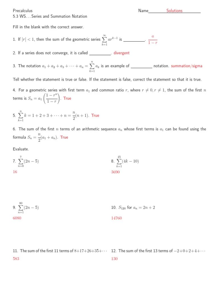 Summation WS Key | PDF | Mathematical Notation | Mathematics