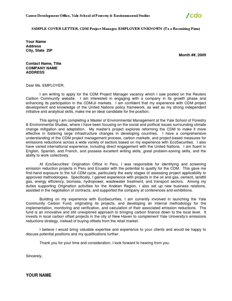 Cover letter tips & tricks. Project Manager Cover Letter Sample Pdf Clean Development Mechanism Carbon Offset