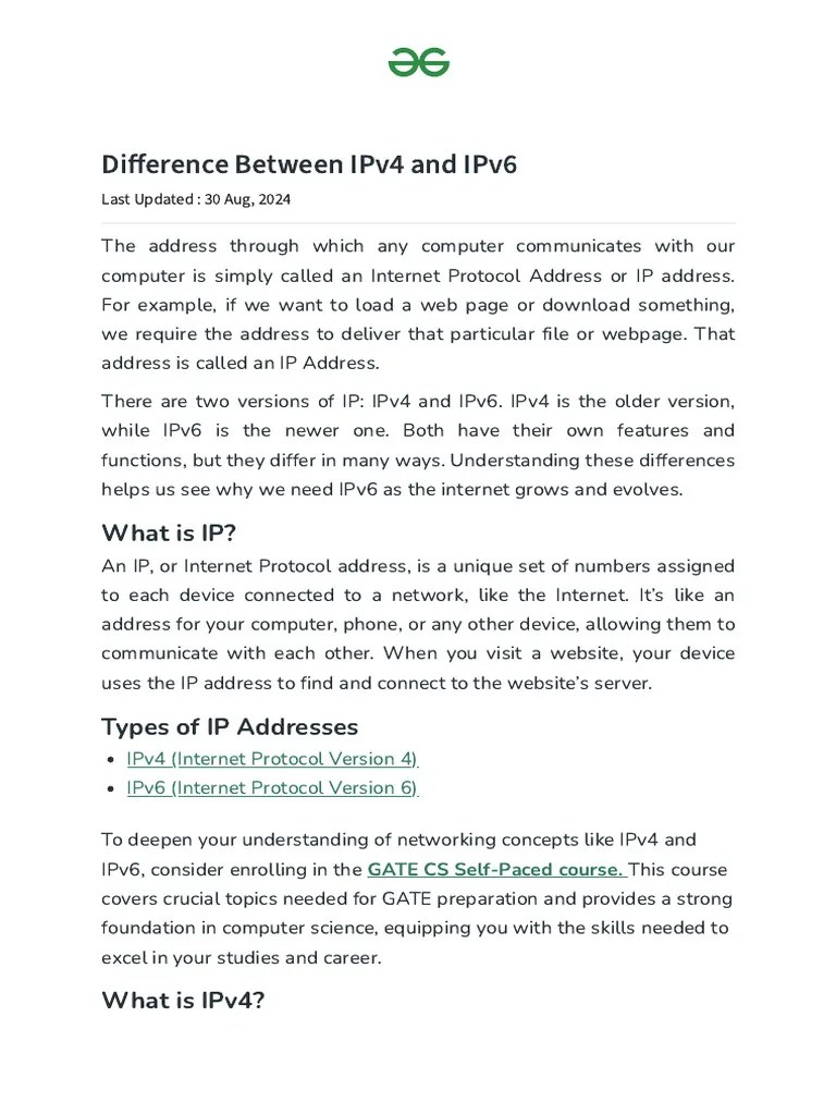 Difference Between IPv4 And IPv6 | PDF | I Pv6 | Internet Protocols