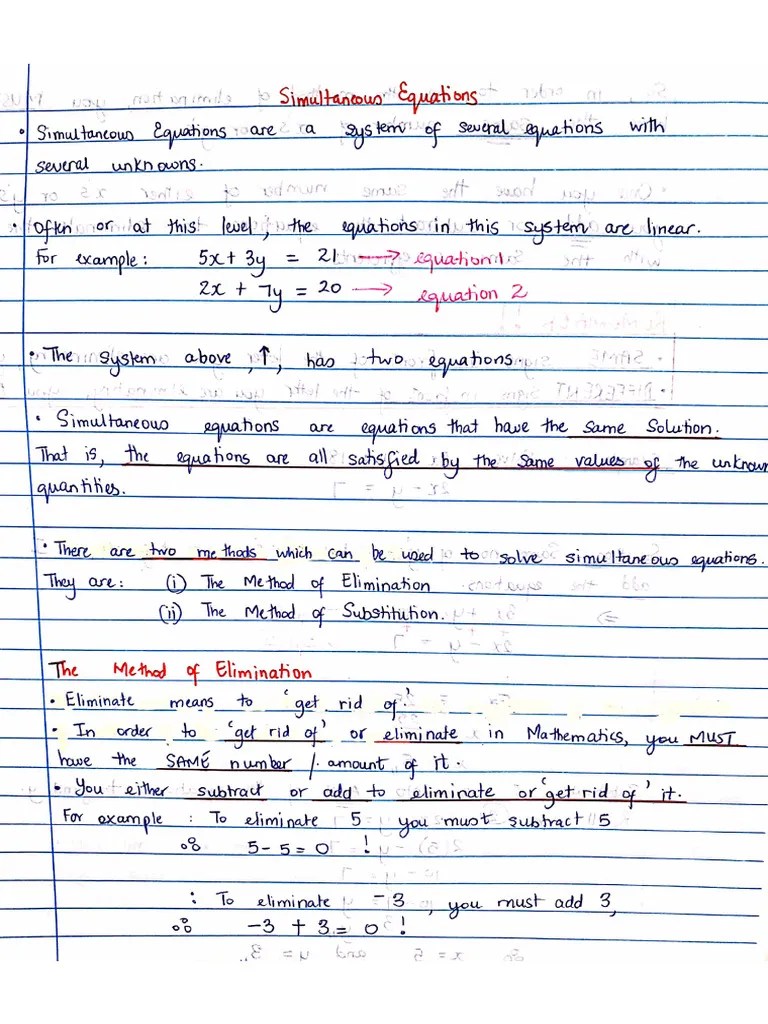 Simultaneous Equations Notes | PDF