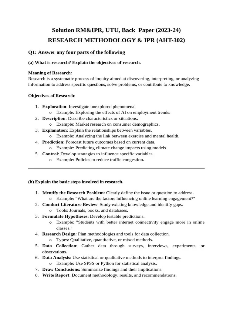 Solution RM&IPR, UTU, Back Paper (2023-24) | PDF | Methodology | Patent