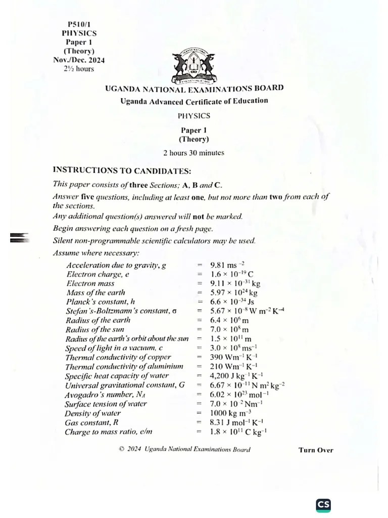 Uace Past Paper Physics Paper 1 Theory Nov- Dec 2024 | PDF