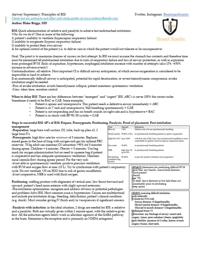 Rapid Sequence Intubation (RSI) + Overview | PDF | Apnea | Clinical ...