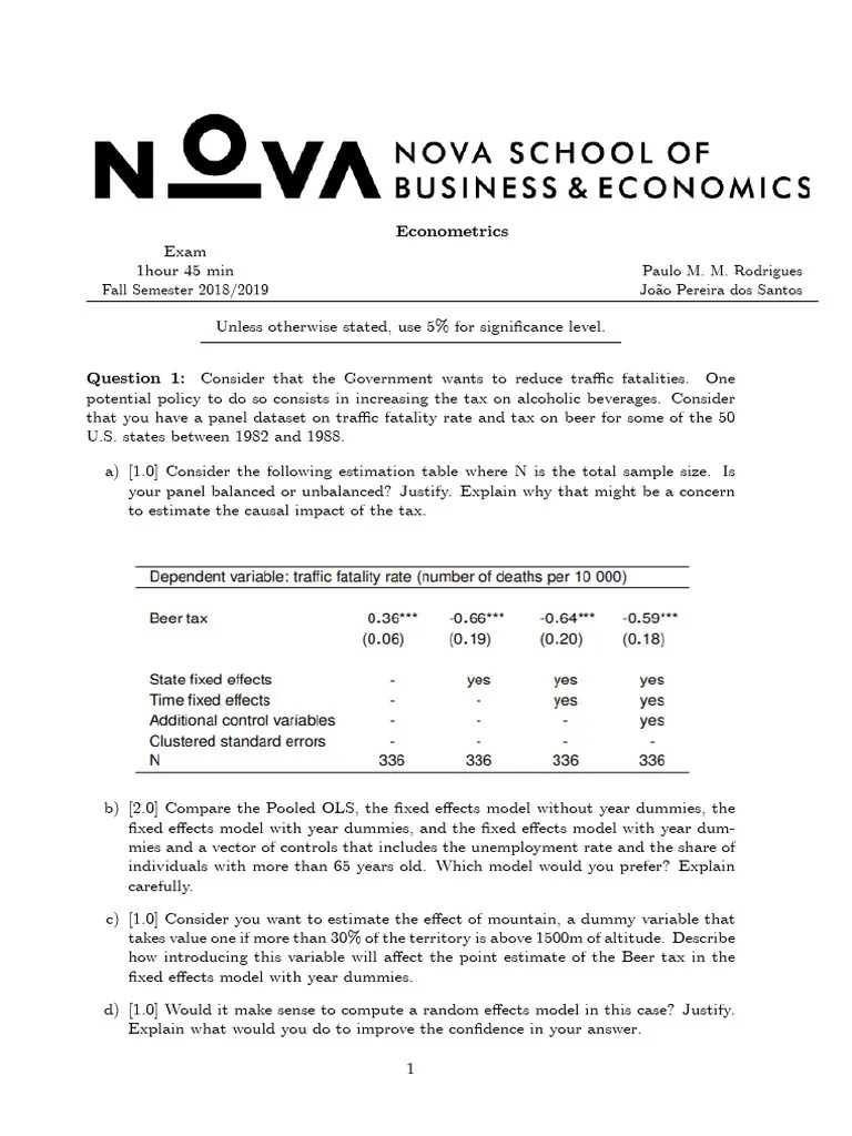 Exam Econometrics 18 19 | PDF | Time Series | Regression Analysis