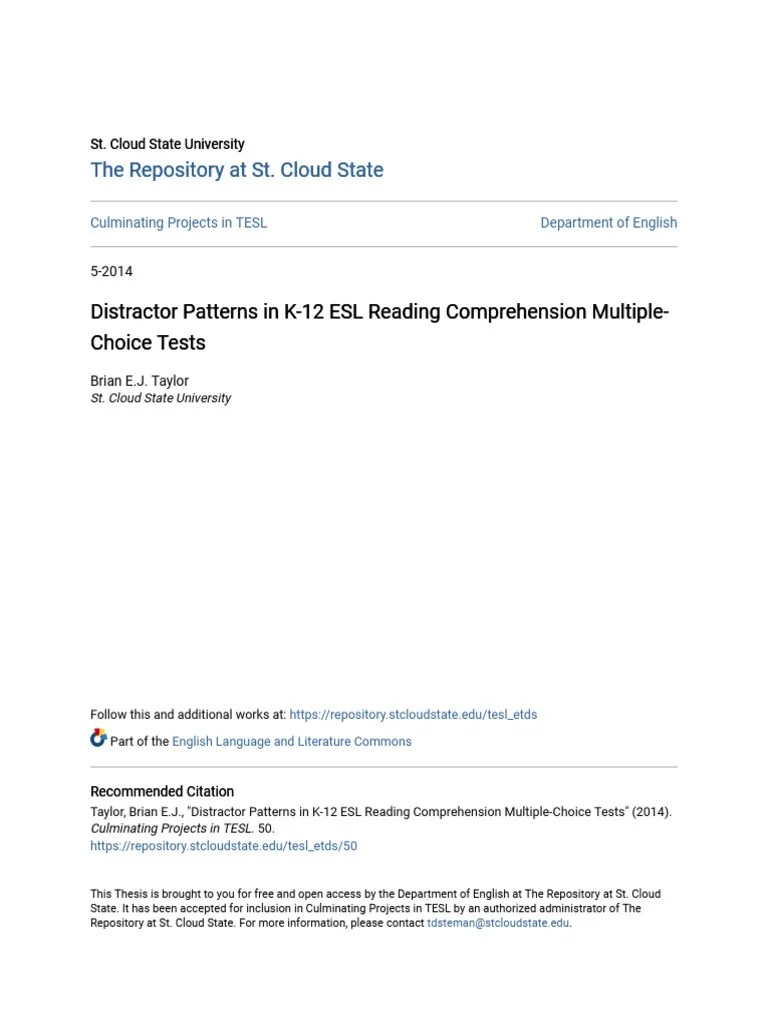 Distractor Patterns In K-12 ESL Reading Comprehension Multiple-Ch | PDF | Reading Comprehension ...