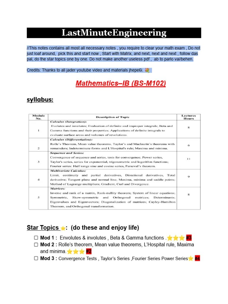 Mathematics-IB (BS-M102) Suggestions | PDF | Matrix (Mathematics ...