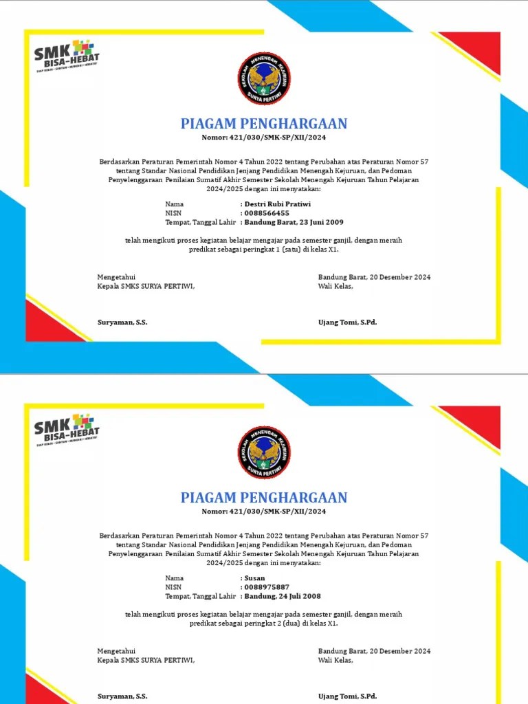 Piagam Peringkat Kelas Smk 2024 Pdf