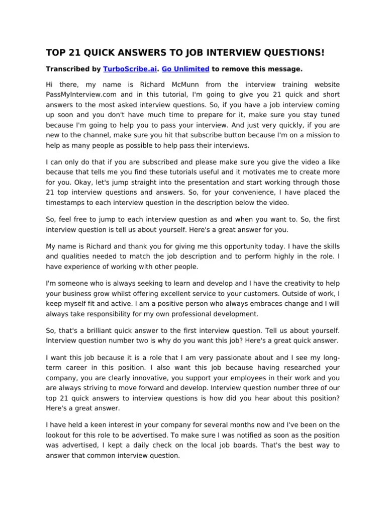 Top 21 Quick Answers To Job Interview Questions! | PDF | Experience ...