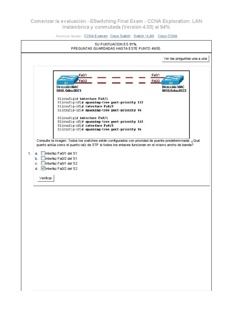 Examen CCNA3 Final A | PDF | Enrutador (Computación) | Conmutador De Red