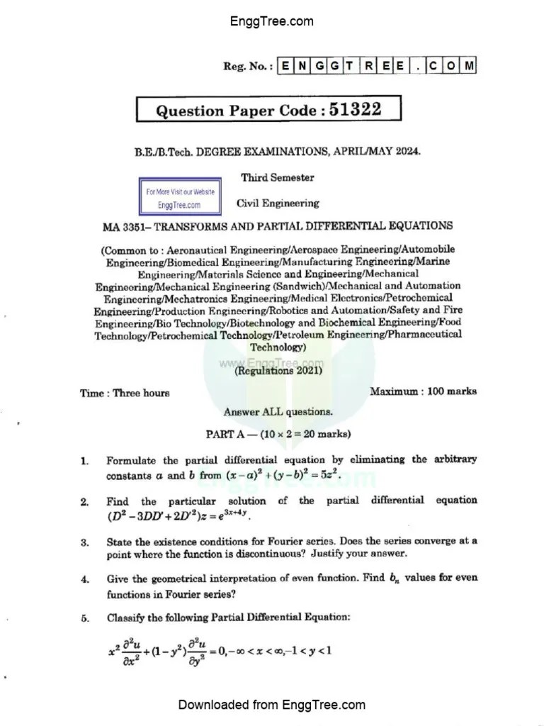 MA3351 Transforms And Partial Differential Equations Apr May 2024 Question Paper Download | PDF