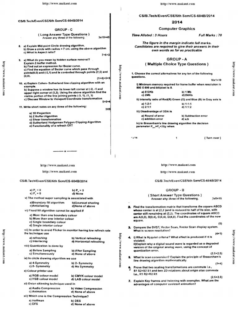 Btech Cse 6 Sem Computer Graphics 2014 | PDF