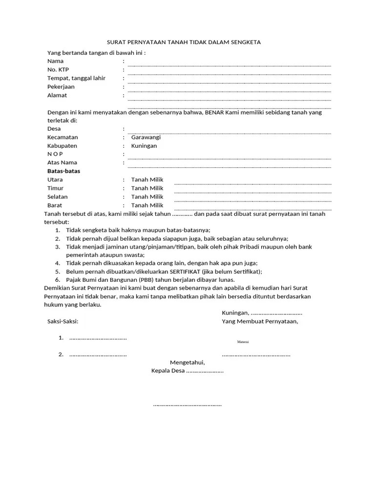 Surat Pernyataan Tanah Tidak Dalam Sengketa | PDF