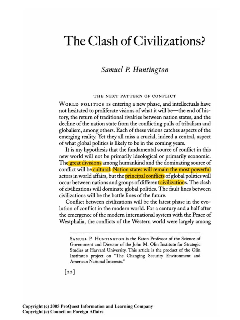 Huntington-1993-The-Clash-of-Civilizations | PDF | Philosophical Theories | International Security