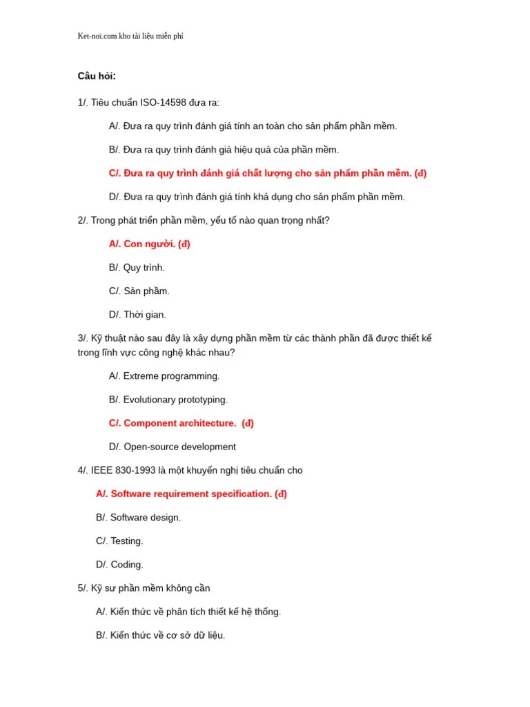 250 Cau Hoi Trac Nghiem Cong Nghe Phan Mem Co Dap An | PDF
