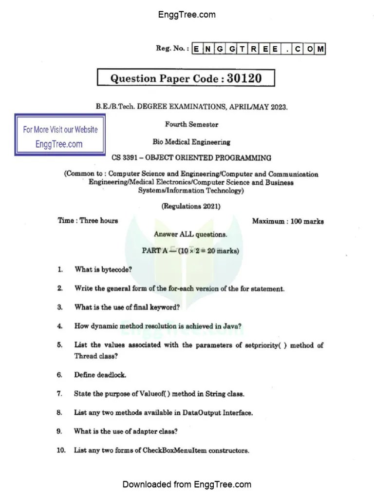 CS3391 Object Oriented Programming Apr May 2023 Question Paper Download ...