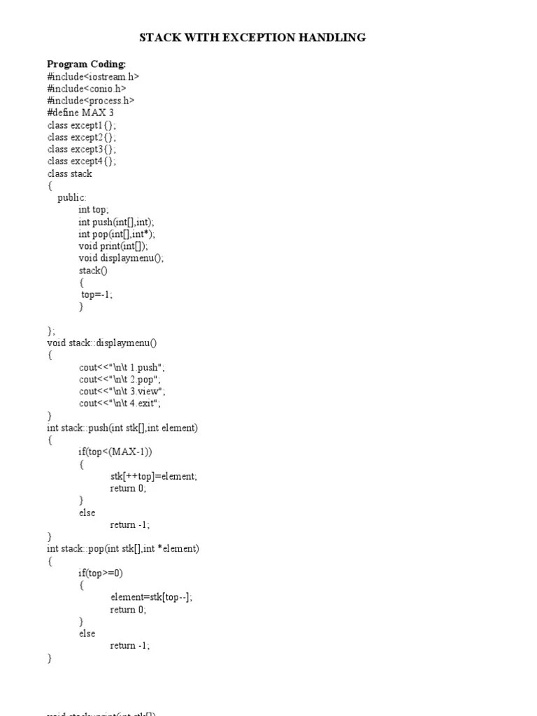 Stack With Exception Handling | PDF