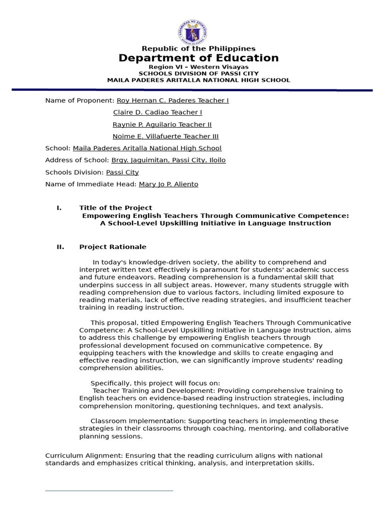 Project Proposal Pdf Reading Comprehension Teachers
