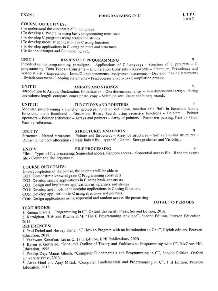 CS3251 Programming In C Notes | PDF | Data Type | Pointer (Computer ...
