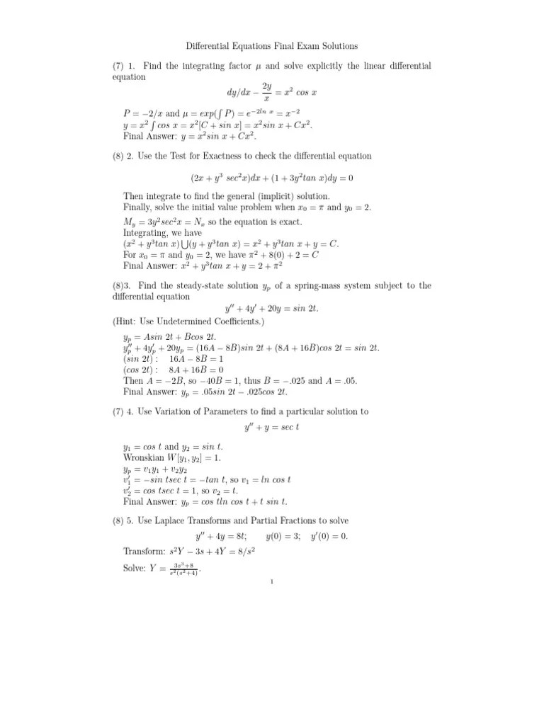 Differential Equation Final Exam Pdf Equations Differential Equations