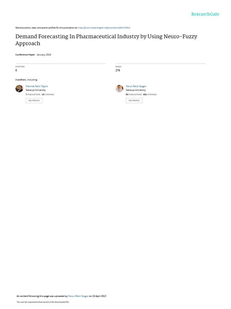 Demand Forecasting In Pharmaceutical Industry By Using Neuro-Fuzzy | PDF | Fuzzy Logic | Forecasting