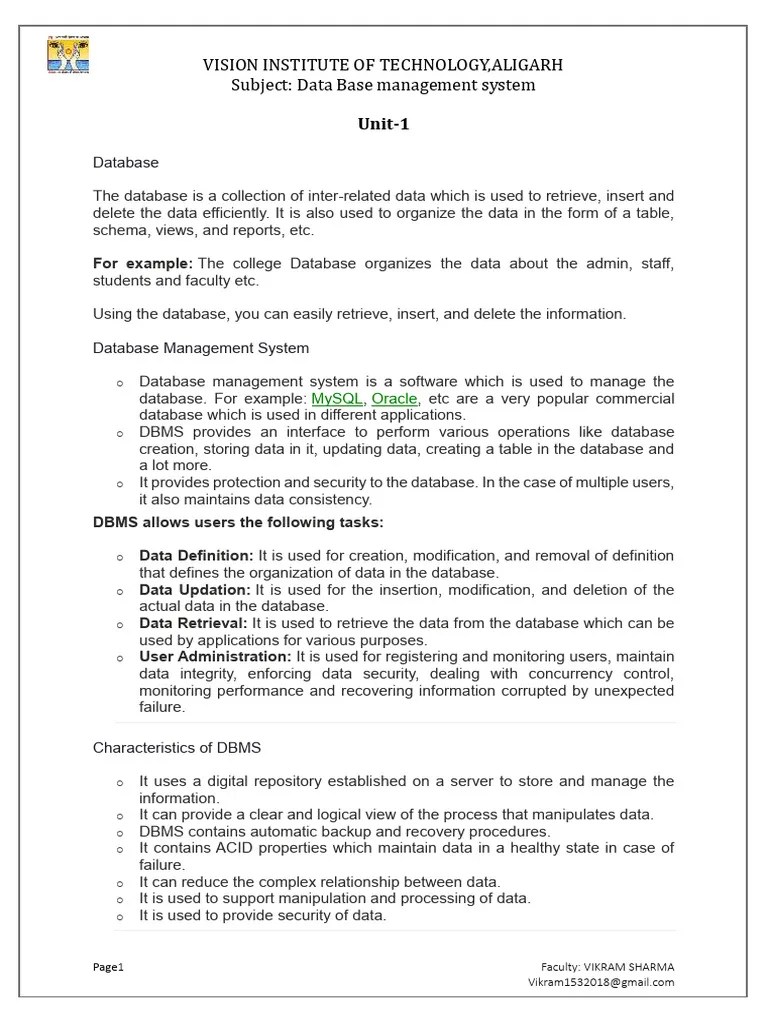 DBMS UNIT 1 NOTES | PDF | Databases | Conceptual Model