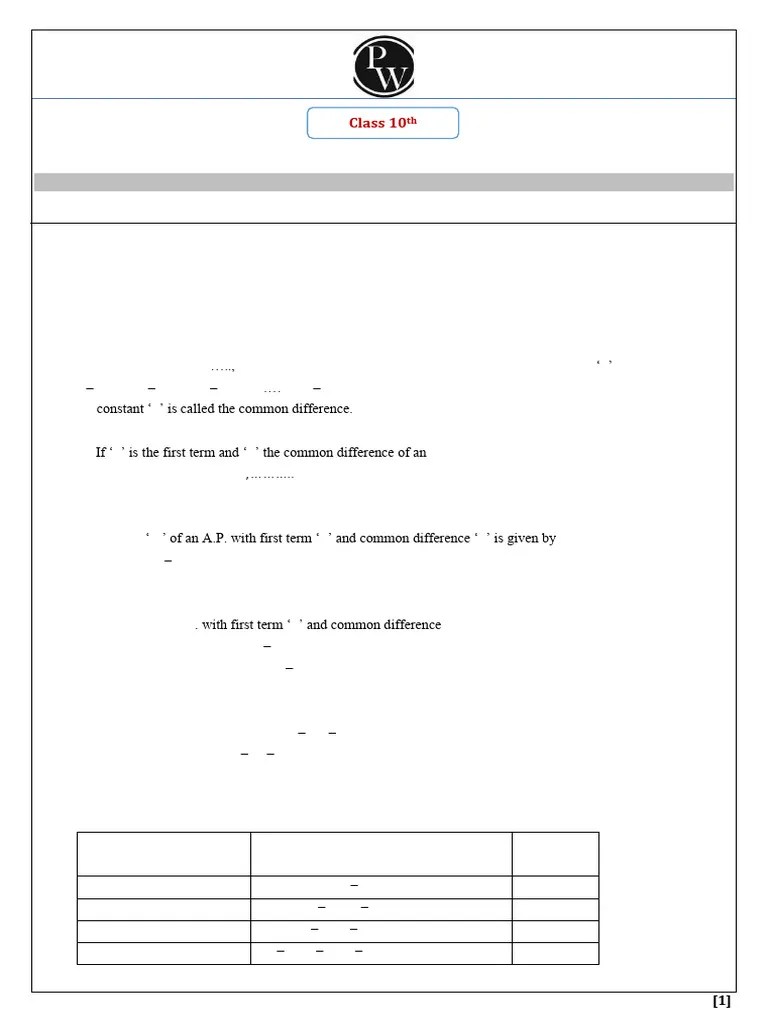 Arithmetic Progressions - Short Notes Mathematics | PDF | Mean ...