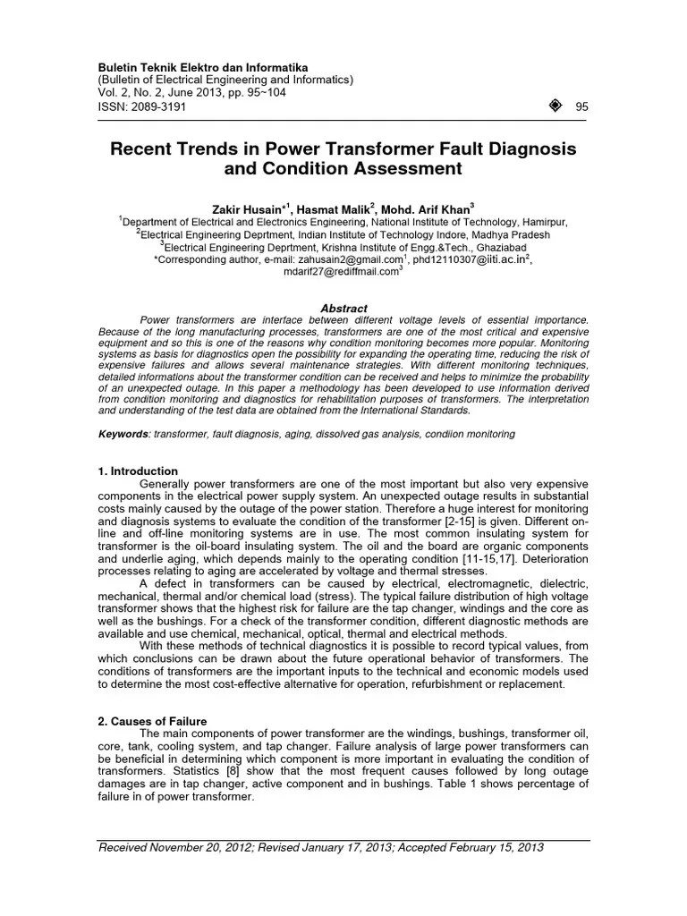 2013.recent Trends In Power Transformer Fault Diagnosis And Condition Assessment | PDF ...