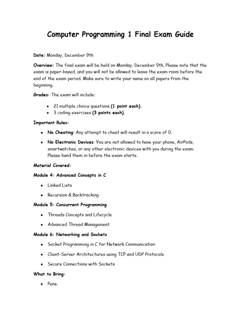 Computer Programming 1 Final Exam Guide | PDF