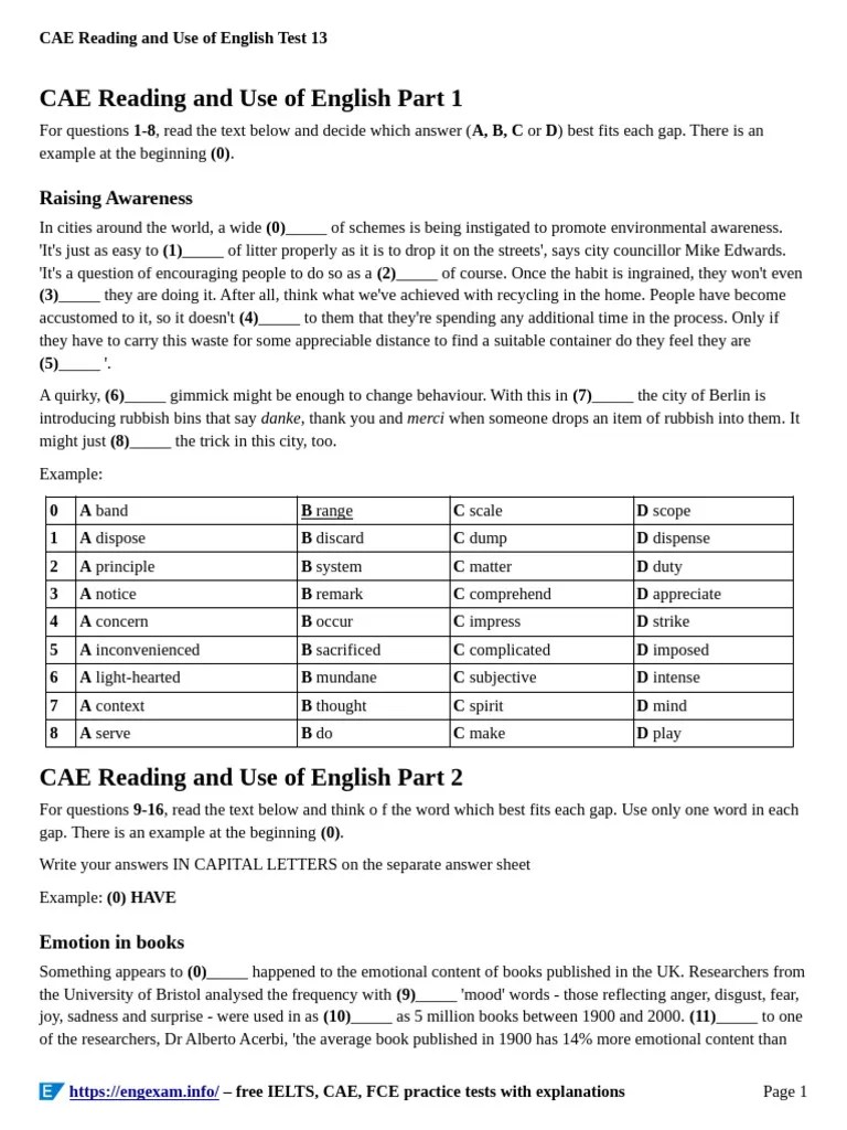 CAE Reading And Use Of English Practice Test 13 Printable (2024 Edition ...