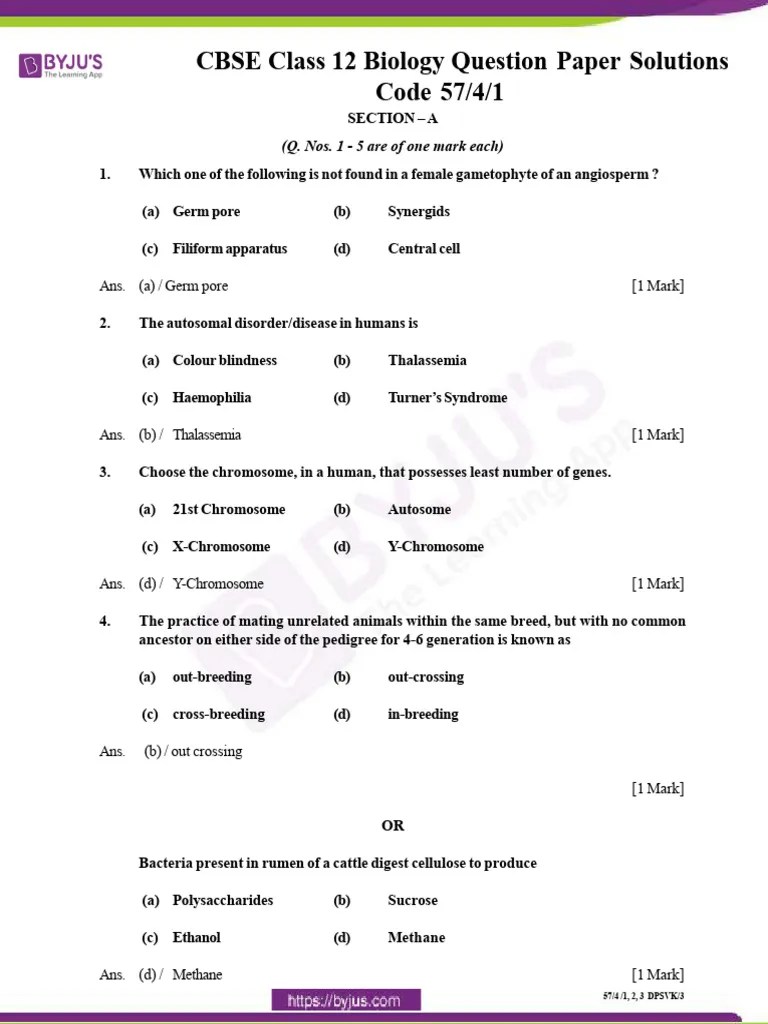 CBSE Class 12 Biology Question Paper Solutions Set 57-4-1 | PDF ...