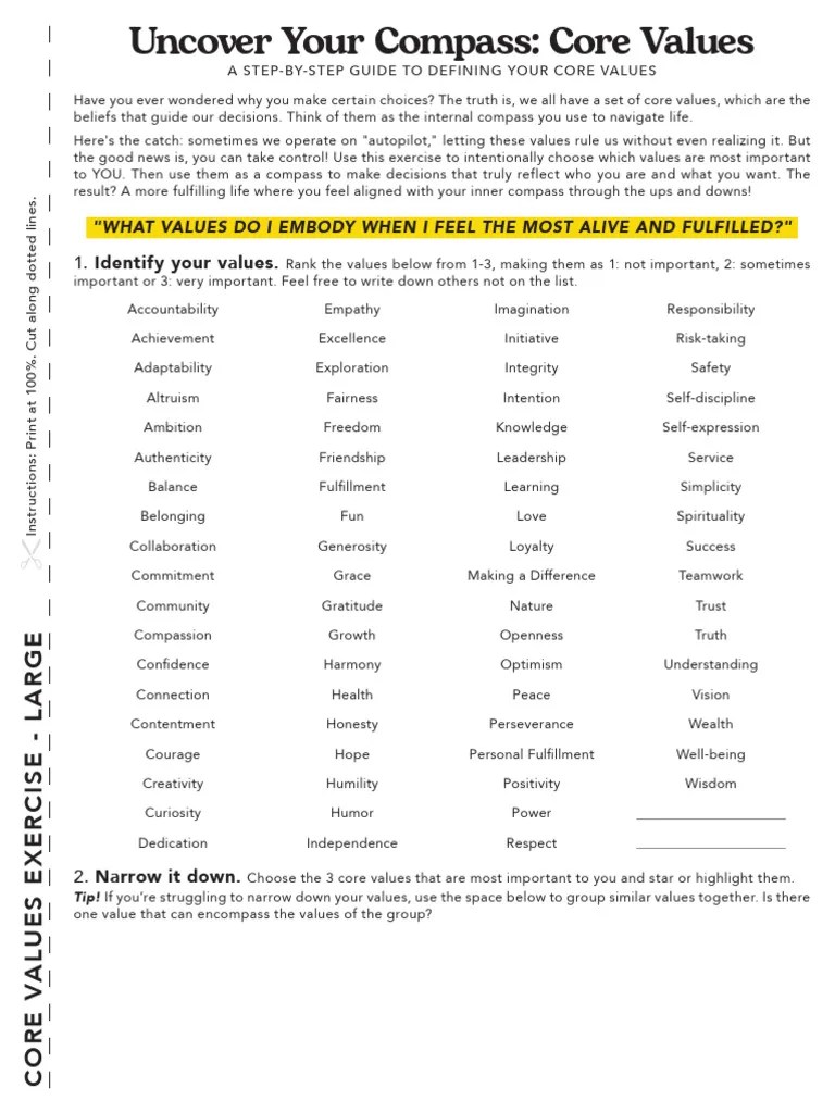 Core Values Worksheet Pdf Courage Psychological Concepts
