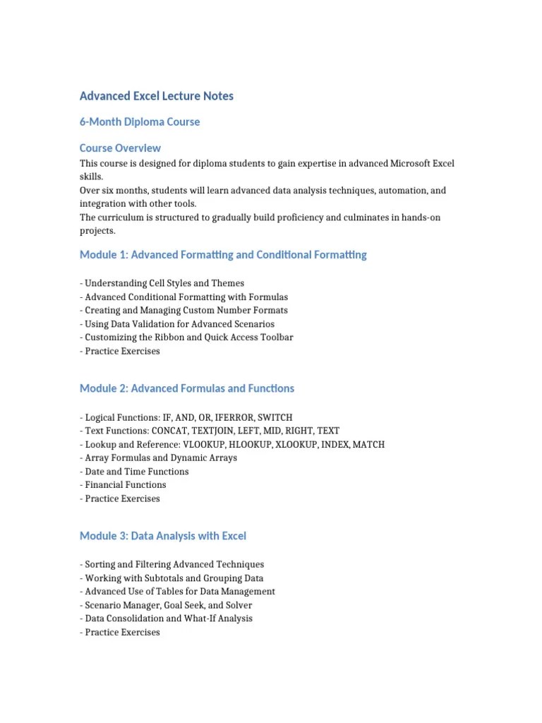 Advanced Excel Lecture Notes | PDF | Microsoft Excel | Visual Basic For ...